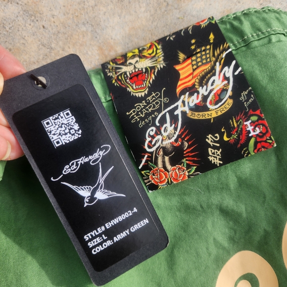 NWT Ed Hardy Cotton Peacock Poplin Wide Leg Army Green Cargo Pant Women's L - Picture 4 of 10